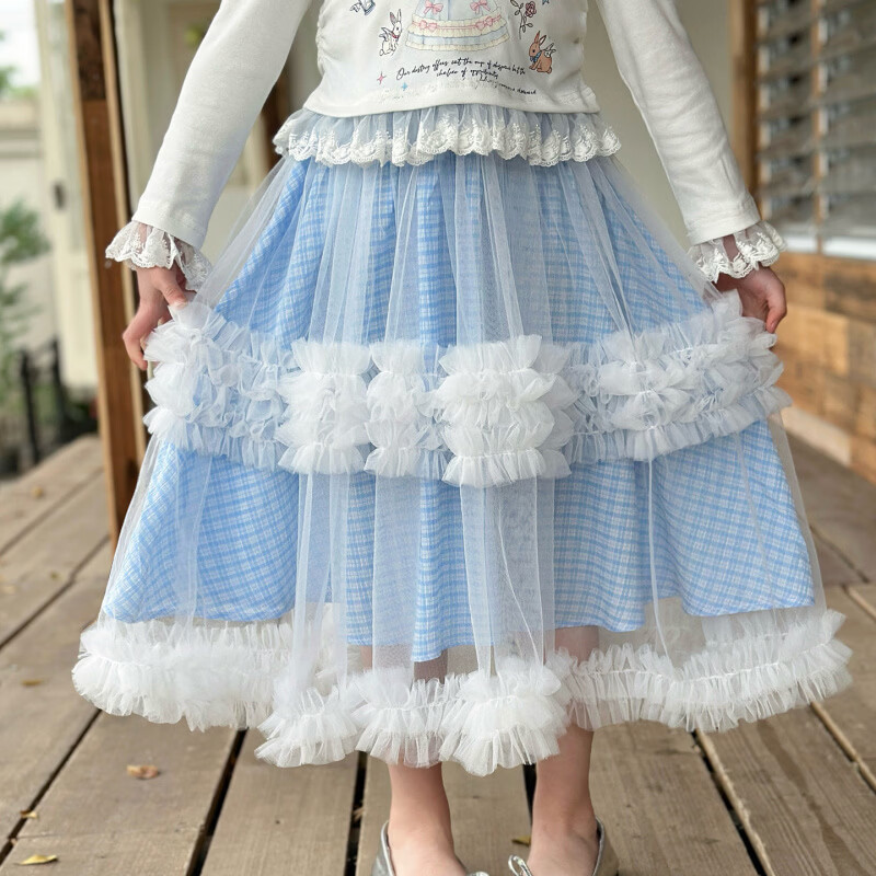 栀了成长记童装女童韩版格子长裙2026春季儿童甜美网纱拼接半身裙 蓝色 半身裙 150 cm