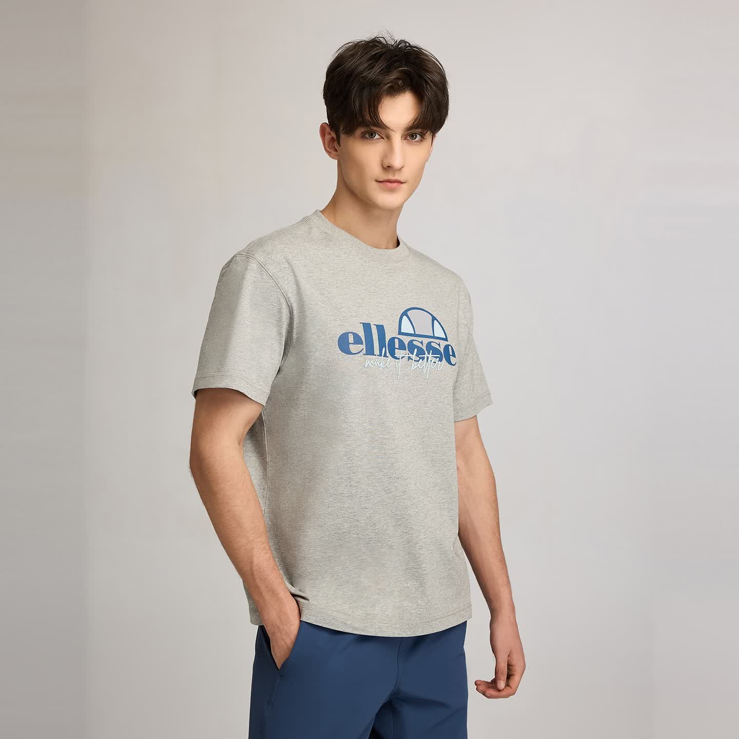 ellesse【真五折】小贝壳情侣款logo字母多巴胺男女款宽松圆领短袖T恤 灰色 2XL