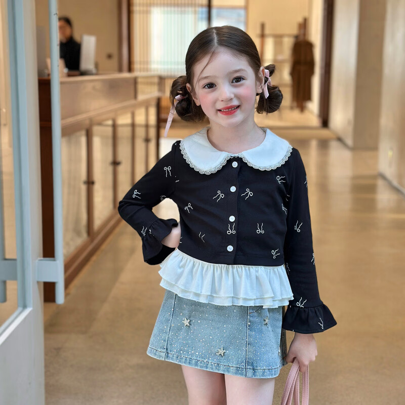 栀了成长记童装女童假两件荷叶边上衣2026春季儿童娃娃领长袖T恤 黑色 假两件上衣 100 cm