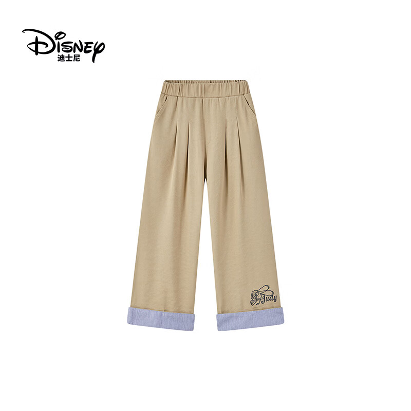 迪士尼(Disney)女童裤子2026春季新款儿童休闲裤中大童女孩卷边拼接宽松直筒长裤 卡其色 110 【建议身高105-115cm,体重30-40斤】