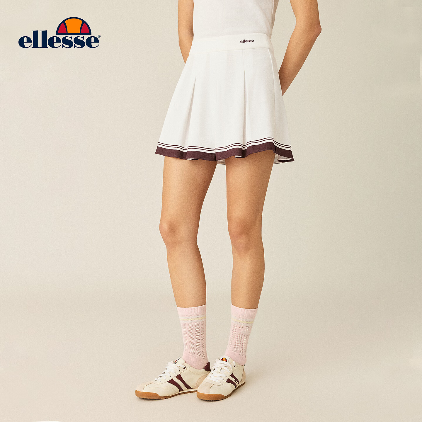 ellesse小贝壳26春新品网球裙经典复古运动撞色条纹休闲百褶裙女 本白 S