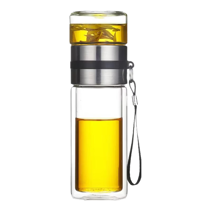 高档双层茶水分离杯玻璃杯子明透泡茶水杯过滤便携水杯男女士茶杯 钢本色 450ml