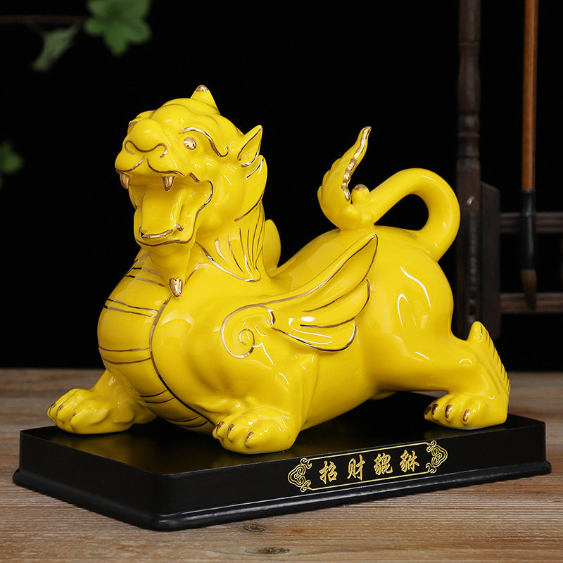 陶瓷貔貅摆件一对 公司纳财 客厅好运 店铺开业吉祥摆件工艺礼品 黄色(4号)招财貔貅描金/雌雄一对