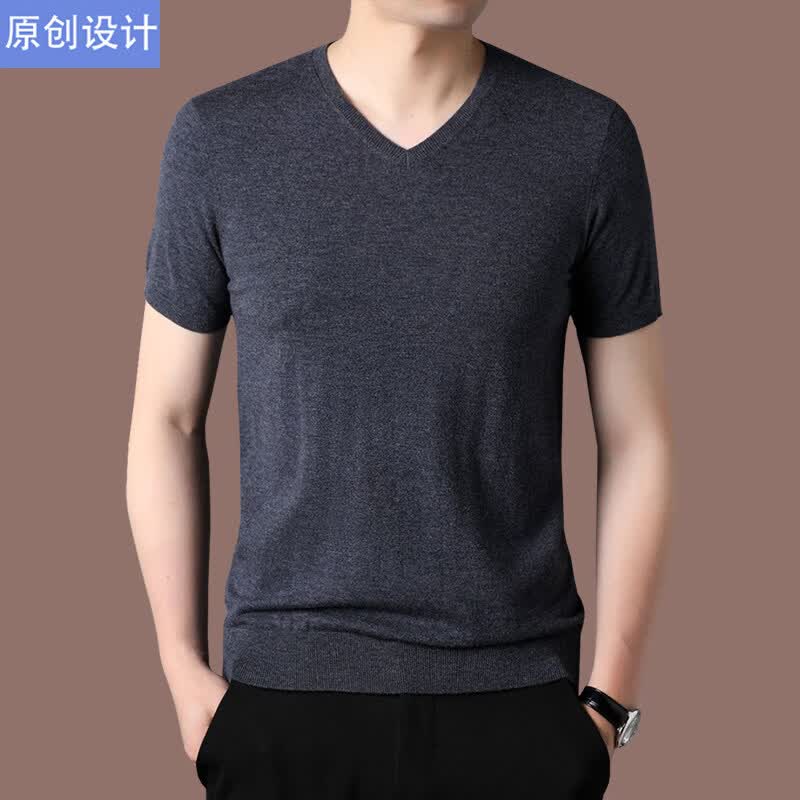 阿玛尼（ARMANI）正品品牌v领短袖t恤羊绒衫男薄款春秋中年半袖鸡心领羊毛针织衫 国际一线品牌深灰色 2XL 180__建议155斤到170斤穿 京东折扣/优惠券