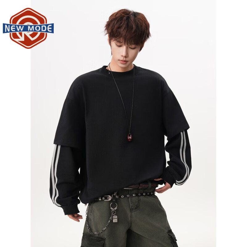 NEW OR MODE假两件拼接条纹长袖t恤男春季新款高街套头卫衣复古休闲运动打底 黑色【高品质】 4XL 【建议180-205斤】