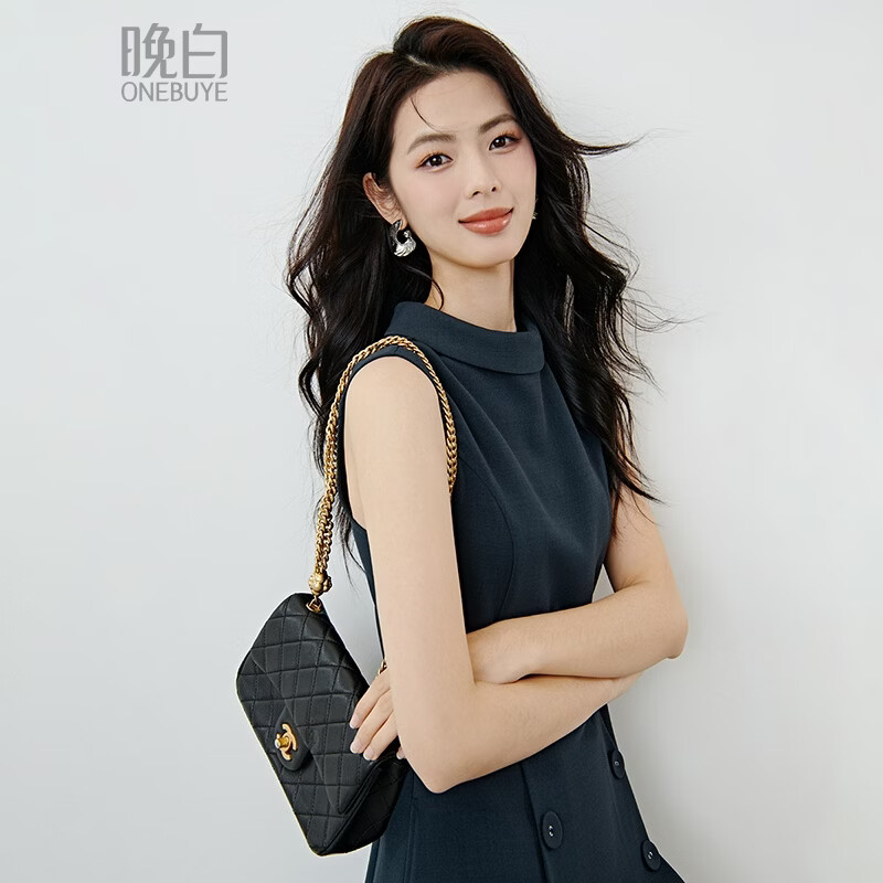 晚白2026年春款气质立体兜兜领双排扣行政蓝小个子显高无袖连衣裙 深蓝色 M