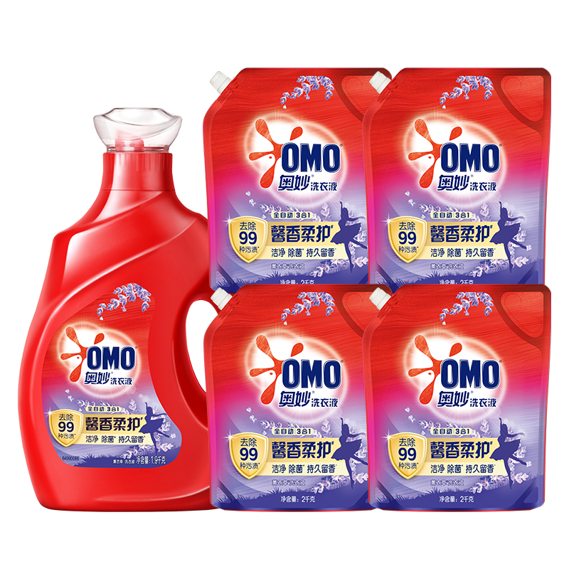 奥妙全自动含金纺薰衣草护衣洗衣液19.8斤（1.9KG瓶*1+2KG袋*4）留香
