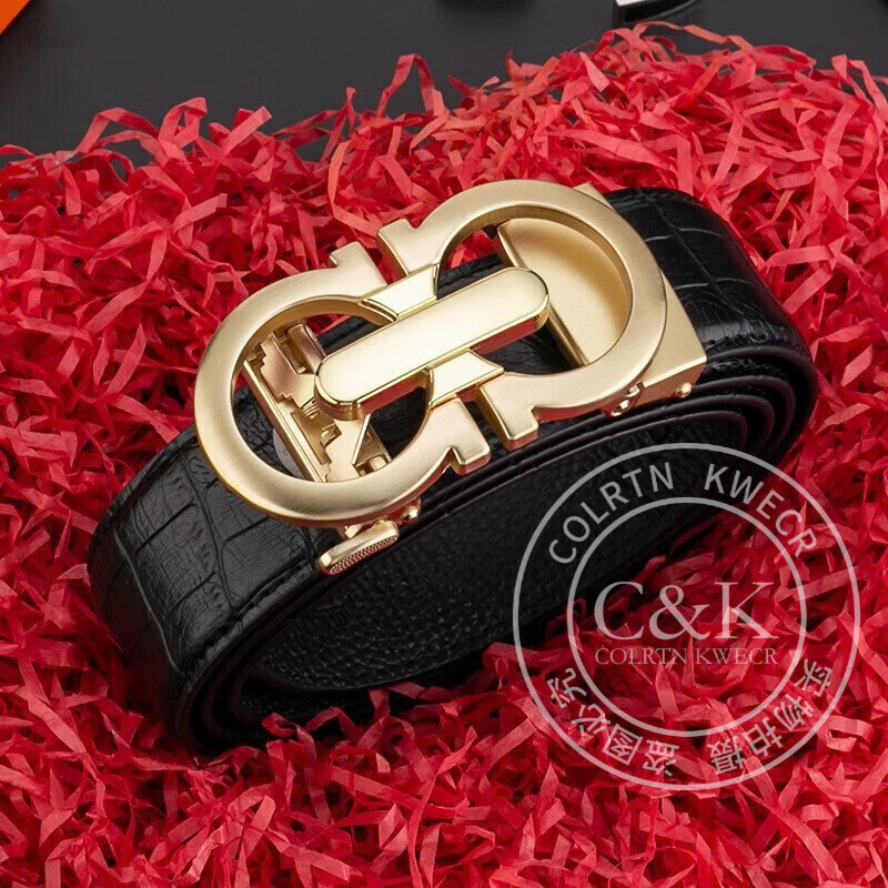 Colrtn Kwecr男士真皮轻奢皮带中青年商务实用自动扣裤腰带礼盒装父亲节奢侈品 CK黑色皮带+8字古金扣头 105cm