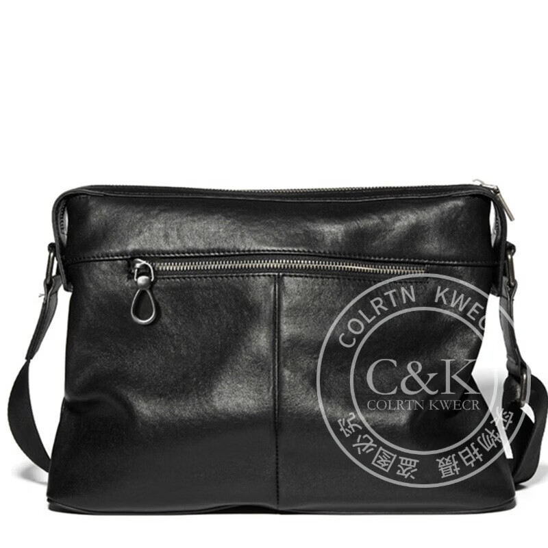 Colrtn Kwecr  男士单肩包新款大容量斜挎包真牛皮时尚背包邮差包情人节礼物男 黑色大号36*26*7（12英寸）