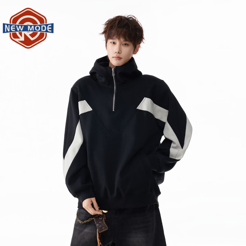 NEW OR MODE美式条纹撞色半拉链连帽卫衣男春季新款潮牌宽松休闲百搭帽衫外套 黑色【高品质】 M 【建议90-110斤】
