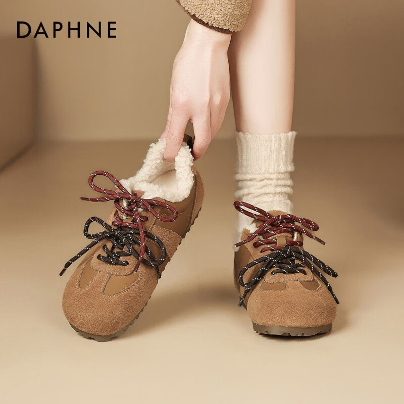 DAPHNE达芙妮美拉德加绒德训鞋女冬季2024新款秋冬勃肯运动鞋内增高鞋子TJ 驼色加绒【官方正品 跟高1.2CM】 37