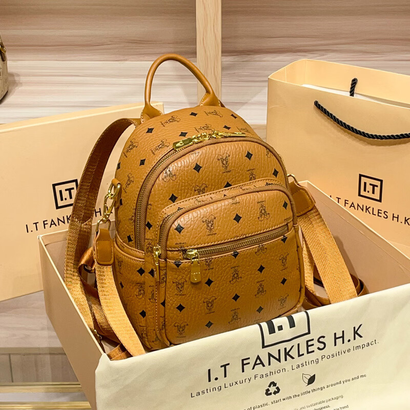 IT MANCLACYK香港代购真皮背包女2025新款老花双肩包潮流时尚单肩包 兔棕色_专柜礼盒套装