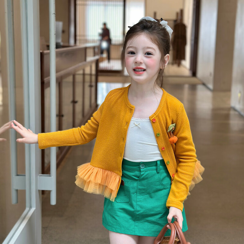 栀了成长记女童装百搭网纱拼接毛衣2026春季儿童新款休闲针织开衫 绿色 半身裙 140 cm
