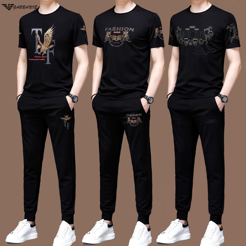 阿玛尼（ARMANI）正品名牌男士休闲运动服套装男夏季桑蚕丝短袖t恤潮男装三件套 国际一线品牌19362黑色短袖+长裤 M 165_【建议90-120斤】