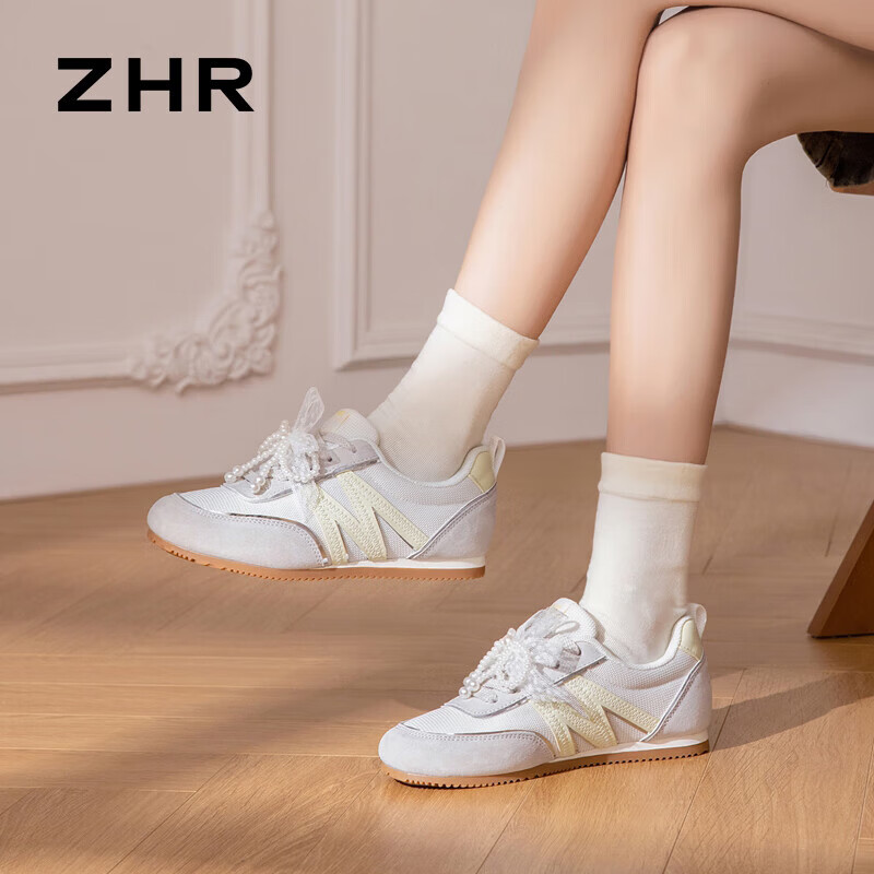 ZHR则则德训鞋女鞋轻软甜美运动鞋女珍珠蕾丝休闲鞋子女防滑百搭元气满满 米黄 35