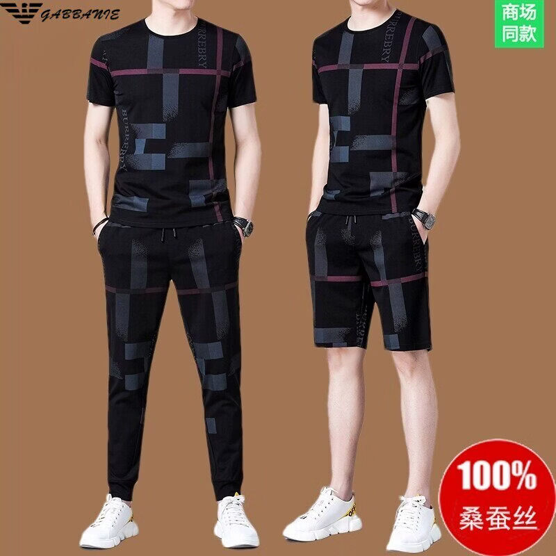 阿玛尼（ARMANI）正品名牌夏季新款高端男士休闲运动套装短袖t恤桑蚕丝薄款潮 一线品牌19601黑色短袖+短裤 S 165建议(90斤-125斤穿)