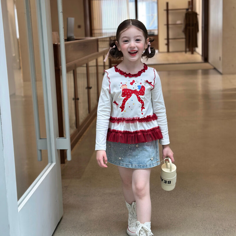 栀了成长记童装女童韩版甜美蝴蝶结上衣2026春季儿童可爱圆领T恤 蓝色 半身裙 130 cm