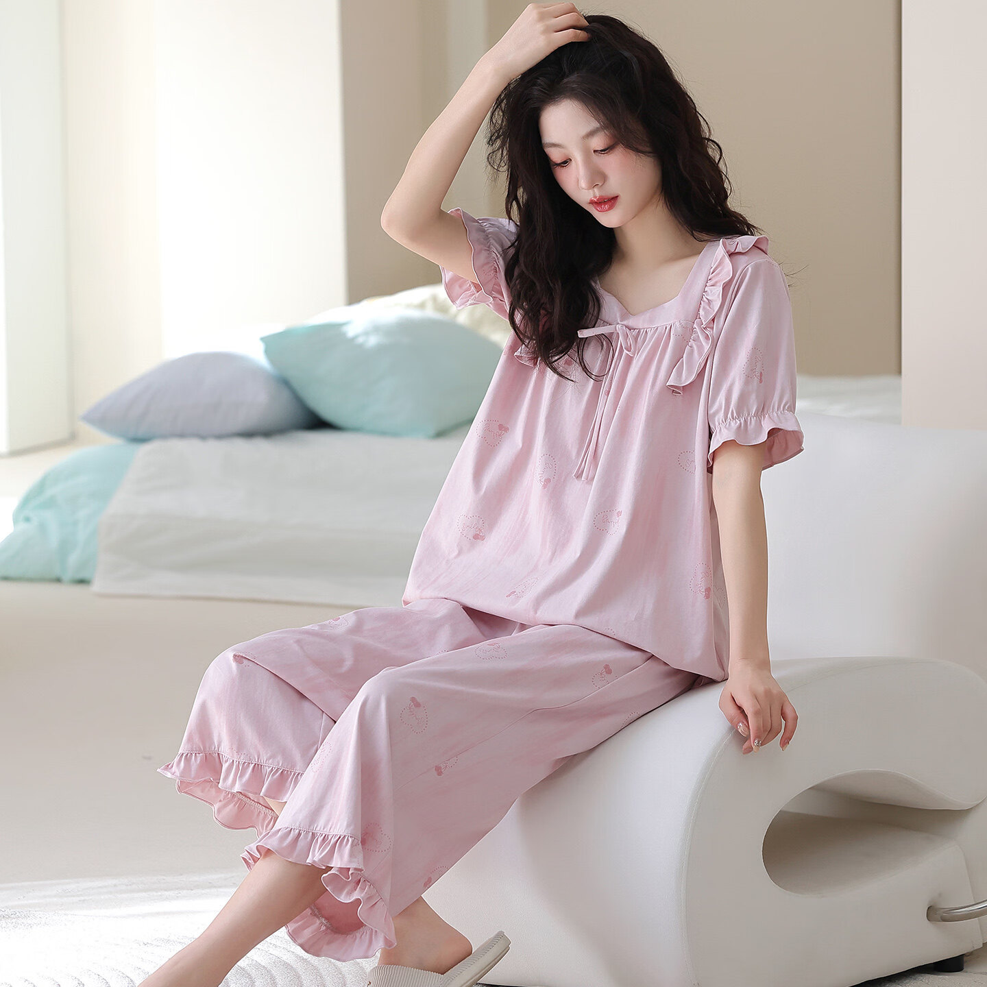 莫代尔超爽棉睡衣女款带胸垫短袖七分裤薄款2026年新款宫廷风夏款家居服 09M28201【带胸垫】 L 100-120斤 当日发
