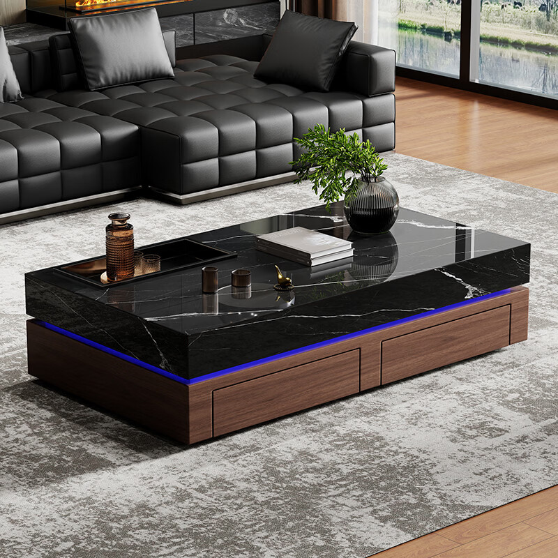 现代简约岩板客厅茶几大小户型轻奢家用意式极简高端设计感长方形 黑骑士加原木色130x70x40