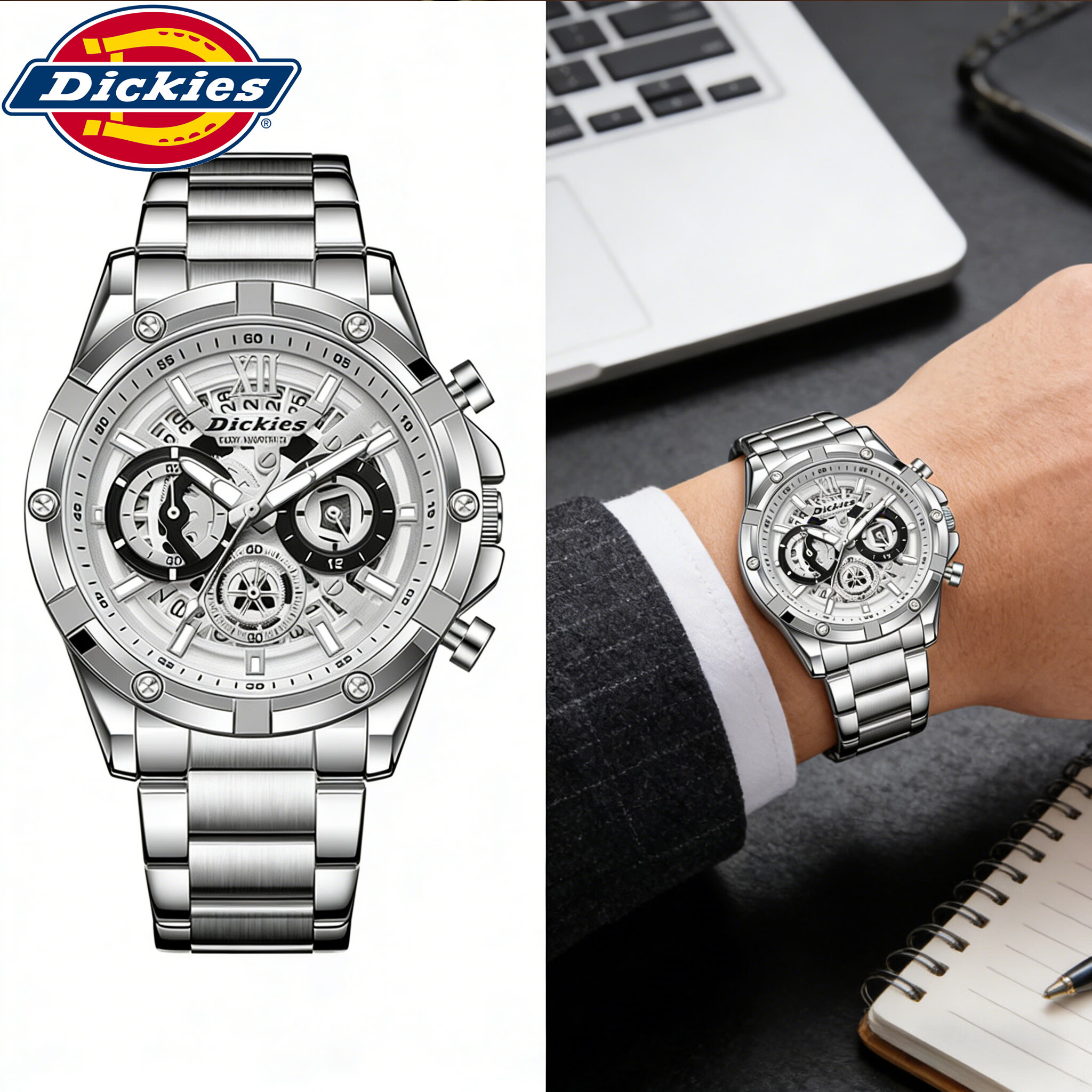 Dickies手表男士商务石英表学生三眼多功能高中时尚潮流男生机械风腕表 黑表盘