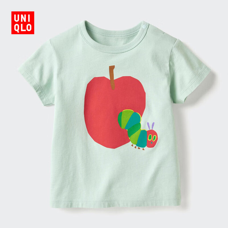 优衣库婴幼儿宝宝UT绘本合作系列印花短袖T恤好饿的毛毛虫483126 51 嫩绿色 100