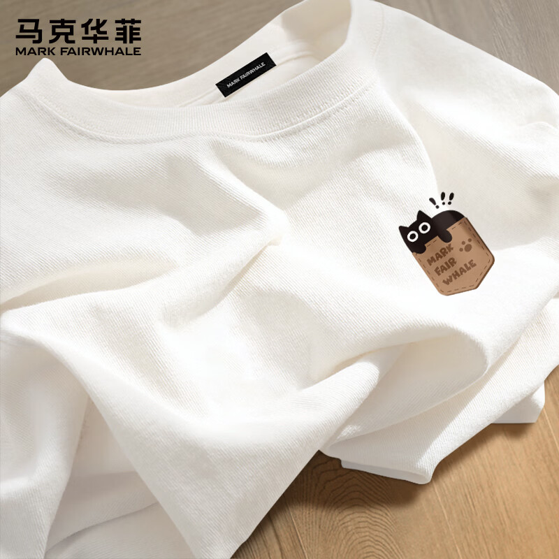 马克华菲纯棉短袖T恤男士夏季新款猫咪印花衣服百搭五分袖体恤 白色 L