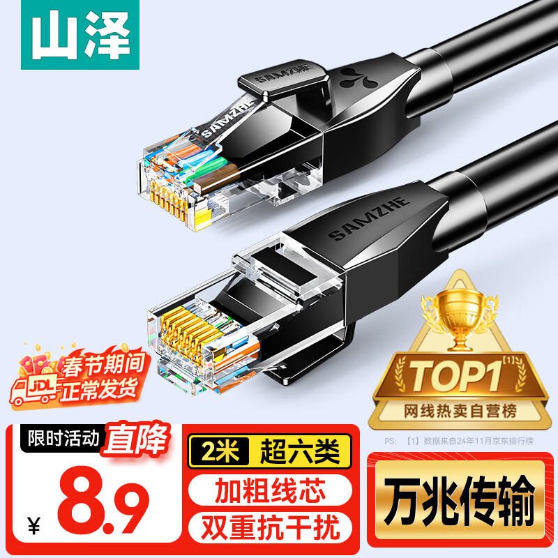 山泽超六类网线 2米 CAT6A类万兆成品网线家用电脑网络宽带工程跳线8芯双绞兼容千兆带双接头黑 D6A020