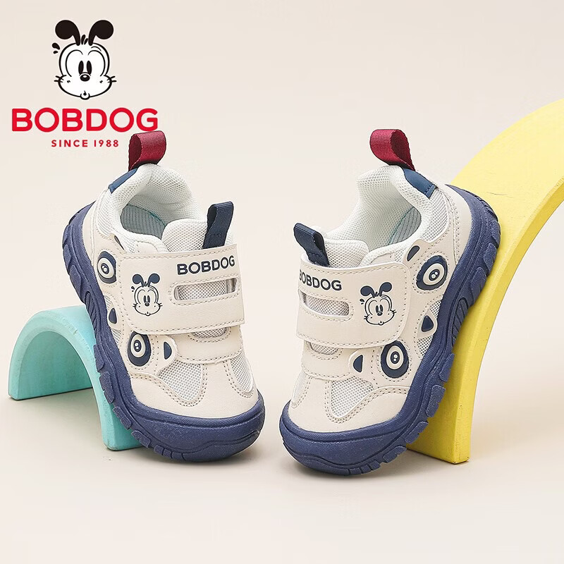 巴布豆（BOBDOG）童鞋儿童宝宝鞋男宝网面透气学步鞋春季2026新款男童女童机能鞋 米/藏青蓝 24 内长15.3cm，适合脚长14.3cm