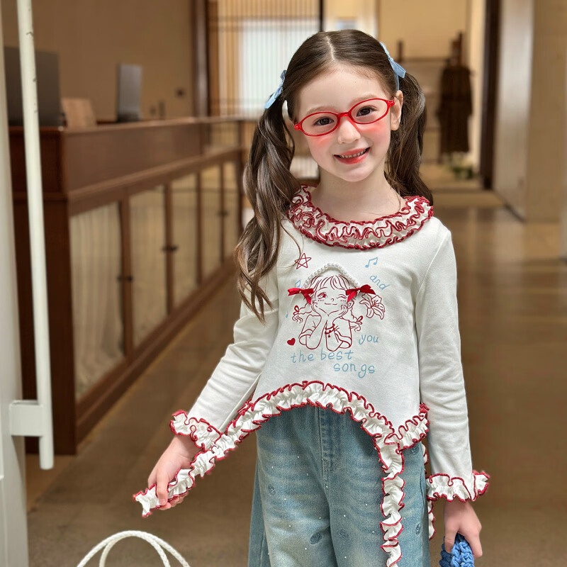 栀了成长记女童装韩版可爱俏皮上衣2026春季儿童撞色花边修身T恤 白色 上衣 150 cm