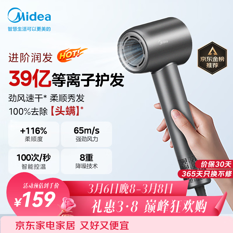 美的（Midea）高速吹风机 39亿等离子护发电吹风 大功率速干家用负离子护发吹风筒 FG208灰 三八节女神礼物