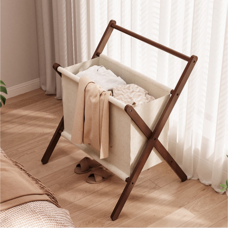 诗元日式卧室次净衣洗衣篮布艺浴室放衣物神器脏衣篓家用挂衣架收纳筐 【进口榉木】布兜款-胡桃色40CM【大容量收纳】