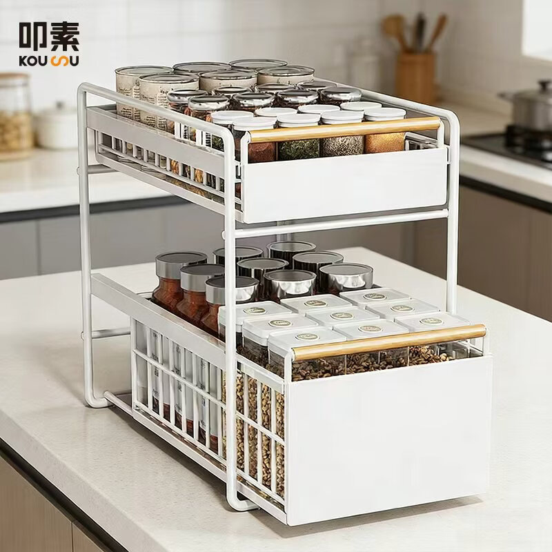 叩素超深抽拉桌面置物架厨房调料抽屉式收纳架橱柜拉篮下水槽分层架子 台面置物架 单层 大号 白色