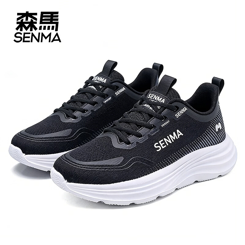 森馬（senma）春季新款健步鞋休闲鞋百搭款跑步鞋轻便情侣款透气网面运动鞋男女 黑白 35