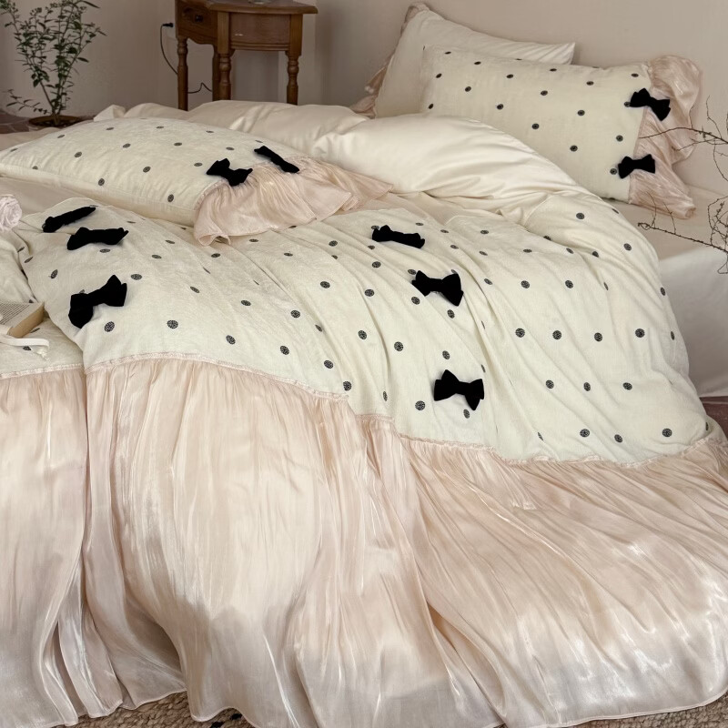 ROLAND LIVE治愈系法式长绒棉四件套皱皱纱花边公主风被套女孩卧室全棉套件 WL 长绒棉四件套-梦幻芭蕾 1.5米床 床单款 【被套200*230cm】