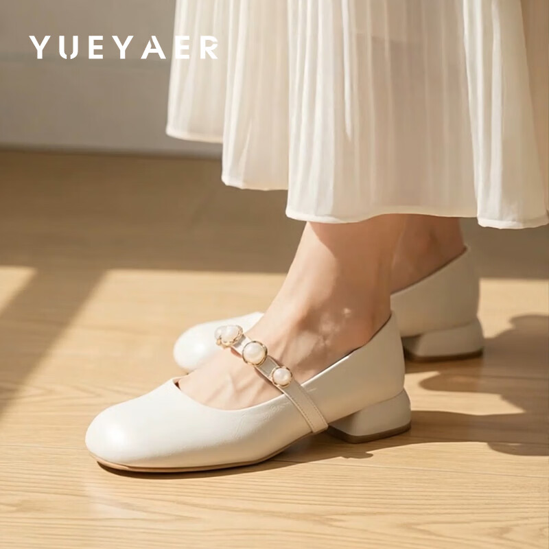 月芽儿2025新款玛丽珍鞋女浅口珍珠装饰气质法式复古单鞋 米白色14S 34