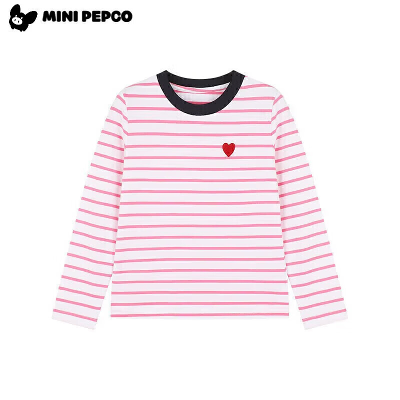 小猪班纳（PEPCO）女童条纹上衣春季2025新款韩版修身撞色条纹爱心圆领长袖T恤 灰蓝条纹 140 *建议身高130-140cm