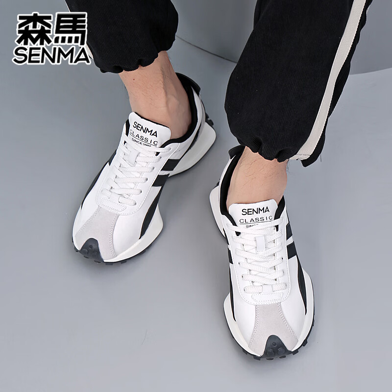 森馬（senma）男士厚底舒适跑步鞋低帮防滑轻便阿甘鞋时尚百搭休闲鞋 白黑 35