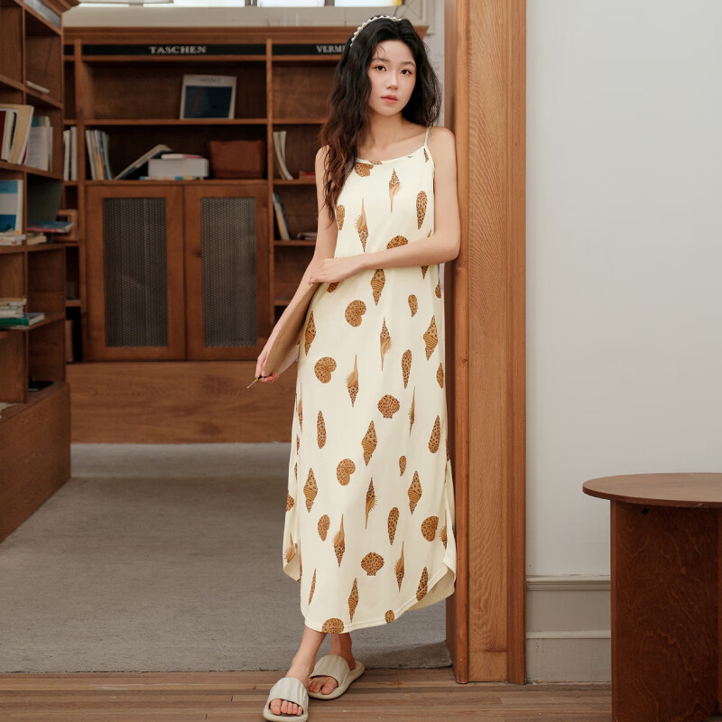 芬腾吊带睡裙夏季薄款女款带胸垫一体式可外穿大码宽松连衣裙中长款 FJ26921798米黄 L 建议：110-125斤