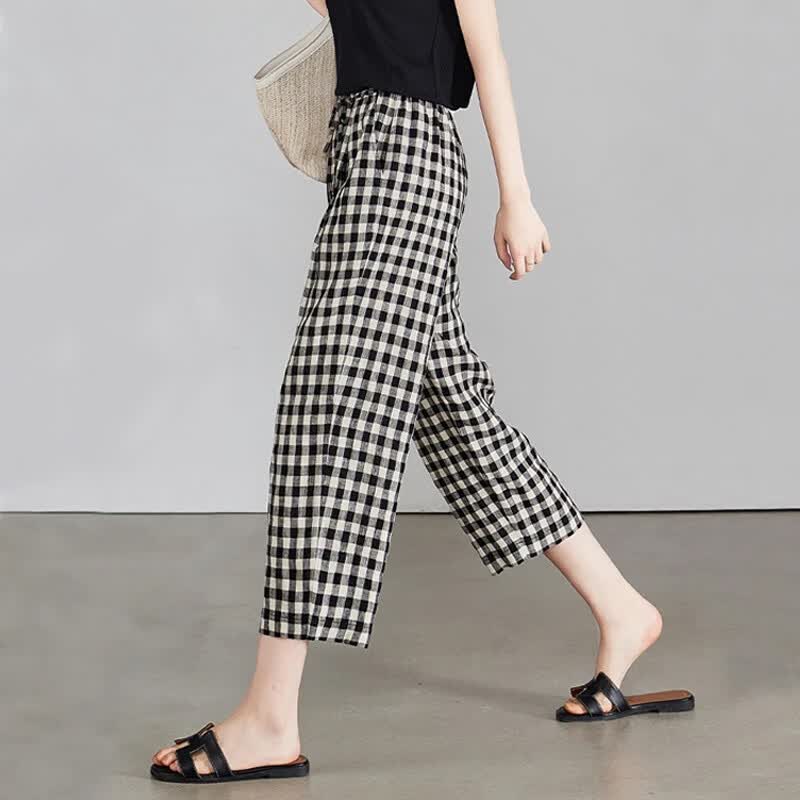 子牧棉麻2026春夏装 女百搭格子九分直筒裤子宽松显瘦薄款休闲裤6688 黑白格子 M (建议95-115斤)