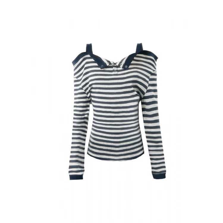 MODX美式甜辣风条纹一字肩长袖恤女2025秋季新款假两件休闲吊带上衣 藏青色条纹假两件 XL 建议120-135斤