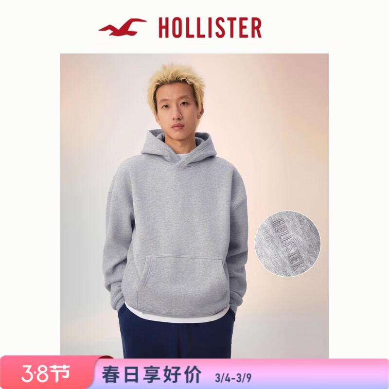 HOLLISTER美式经典LOGO抓绒连帽卫衣25秋冬男装322-5147 浅灰色 L (180/108A)