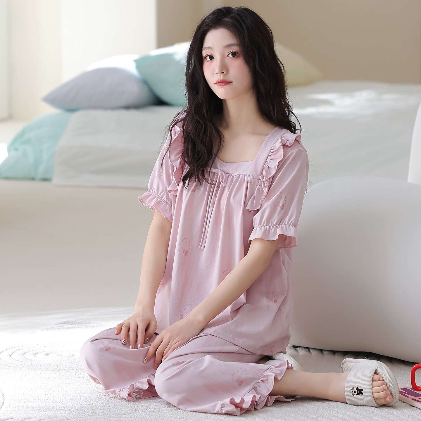 莫代尔超爽棉睡衣女款带胸垫短袖七分裤薄款2026年新款宫廷风夏款家居服 09M28201【带胸垫】 L 100-120斤 当日发