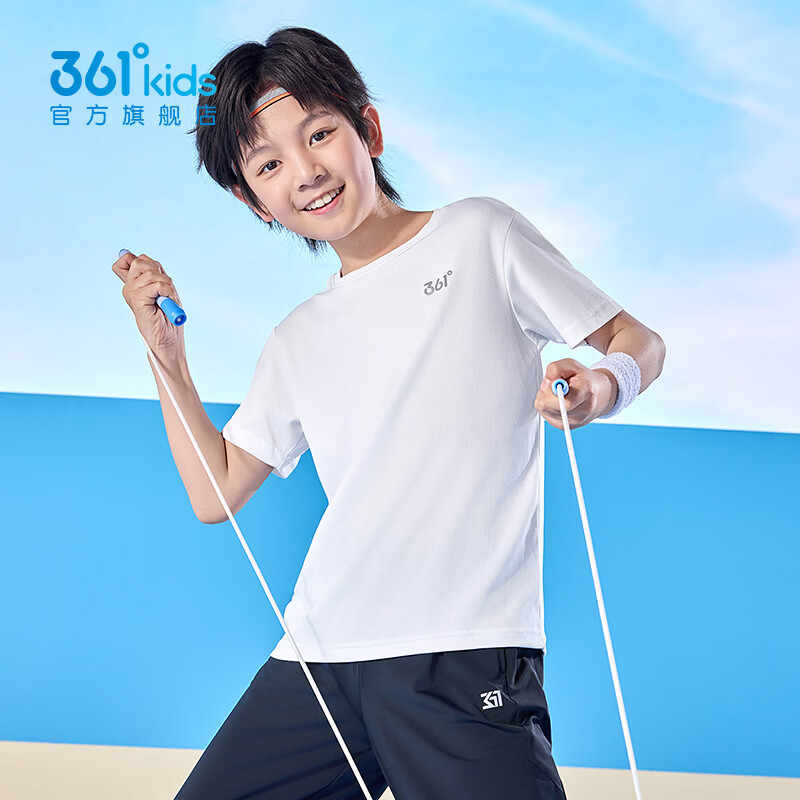 361°童装男女童短袖针织衫年夏季新款速干儿童T恤中大童冰爽上衣 本白1214-男童 160 cm
