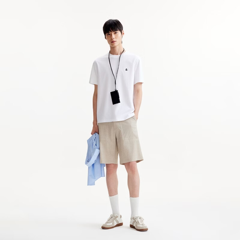 杰克·琼斯(JACK&JONES)【凉感】男装春季T恤上衣百搭多色LOGO刺绣圆领短袖226101109 A06本白色 L (180)