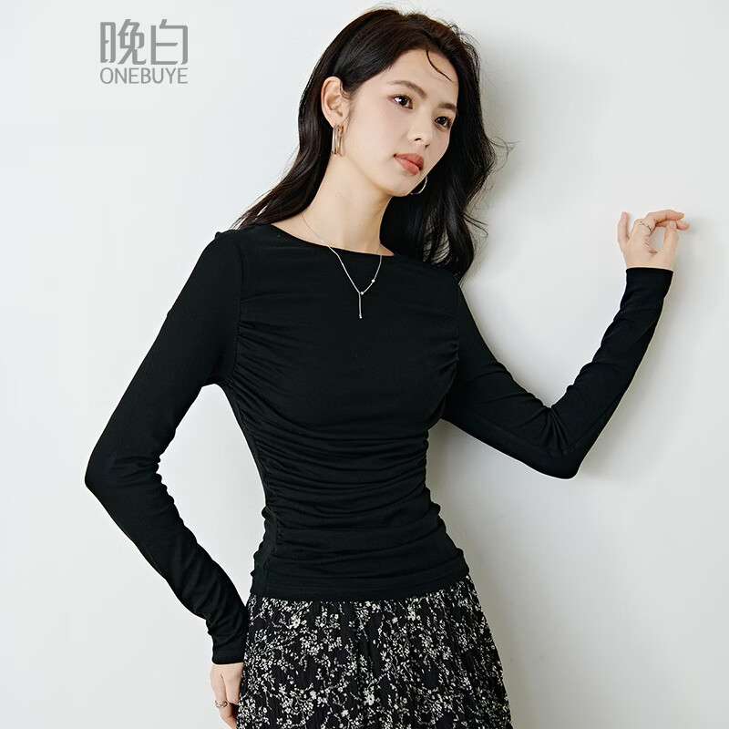 晚白【新品】2026年春款时尚圆领上衣弹力褶皱修身亲肤T恤衫女 黑色 XL