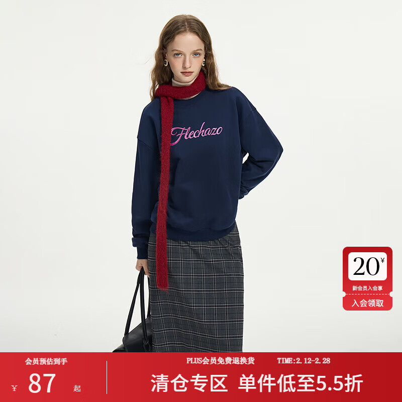 范思蓝恩美式无帽字母刺绣圆领卫衣女秋冬2024新款宽松上衣14329 藏青 S