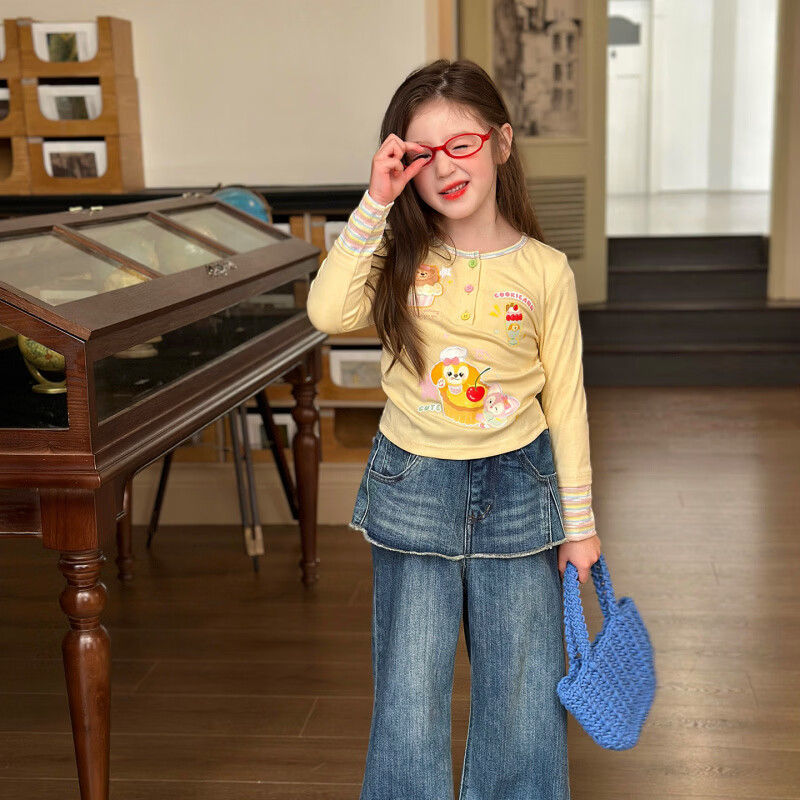 栀了成长记童装女童可爱假两件上衣2026春季儿童新款卡通长袖T恤 黄色 上衣 110 cm