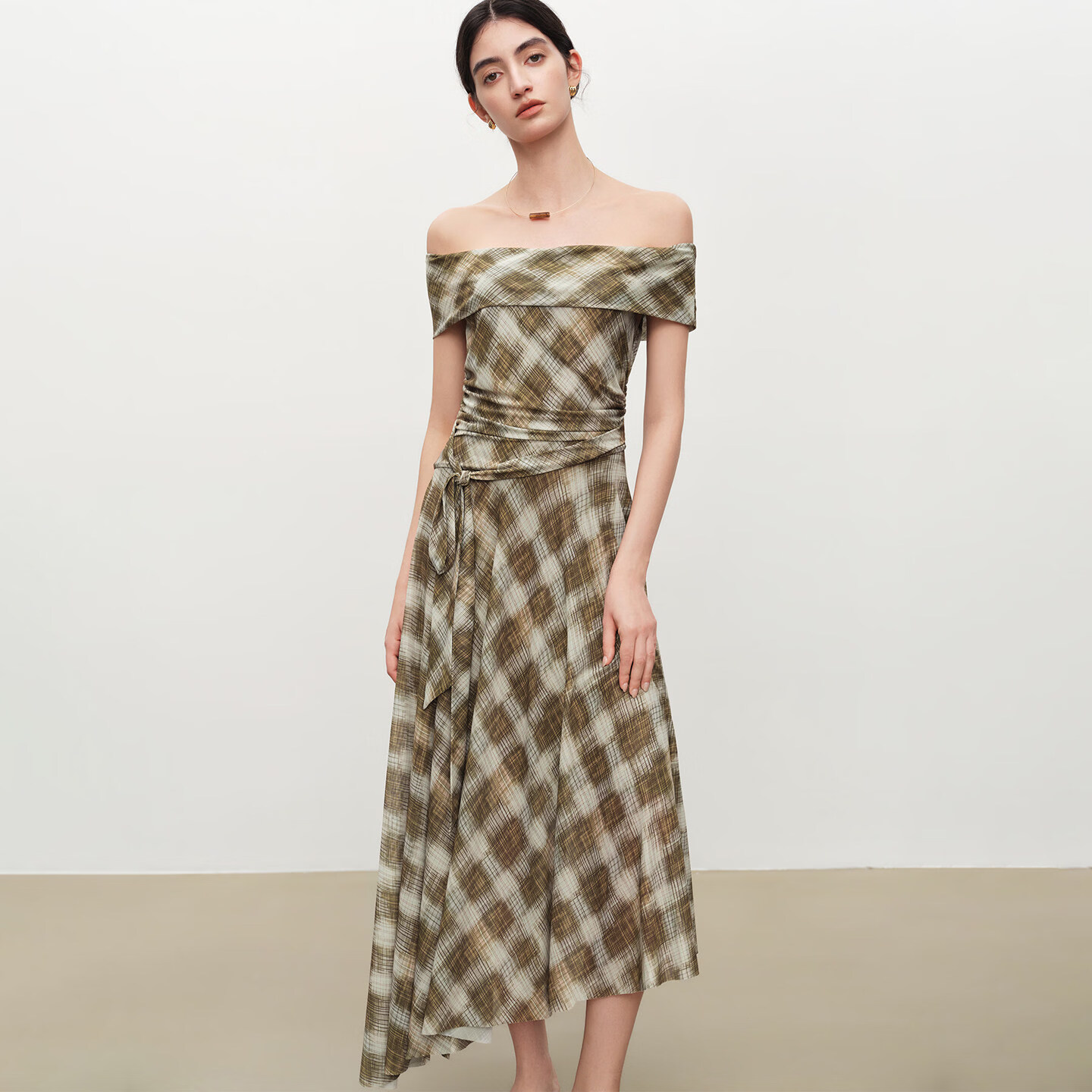 自巧【定格胶囊】小个子格纹网纱一字肩收腰连衣裙女2026夏季新款 绿米格 XS （尺码：2）