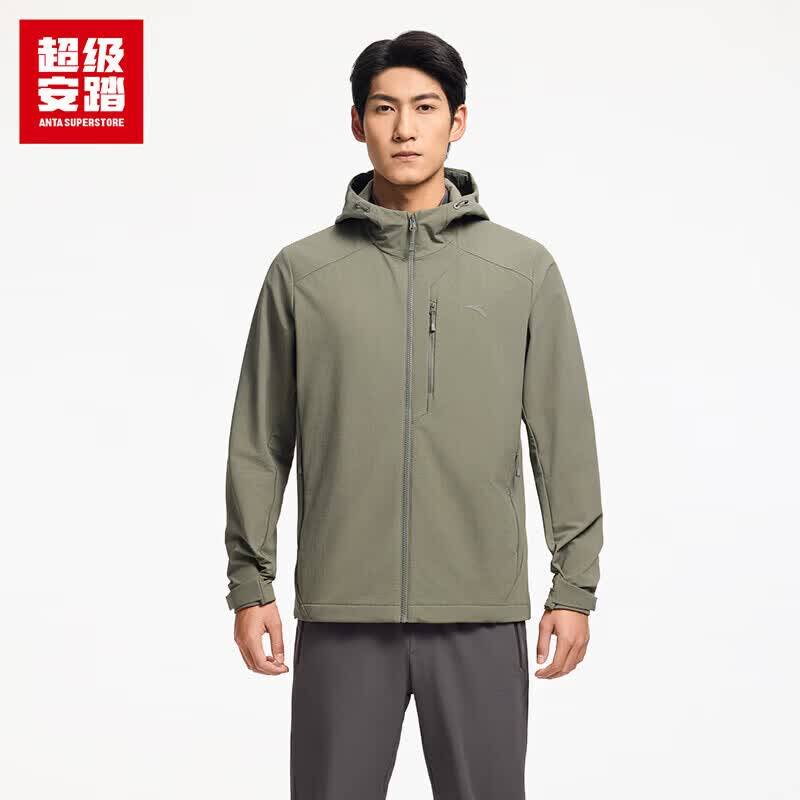 安踏加绒运动外套男士户外无氟防泼水软壳连帽茄克152616607U 风迷绿-3 S (男165)