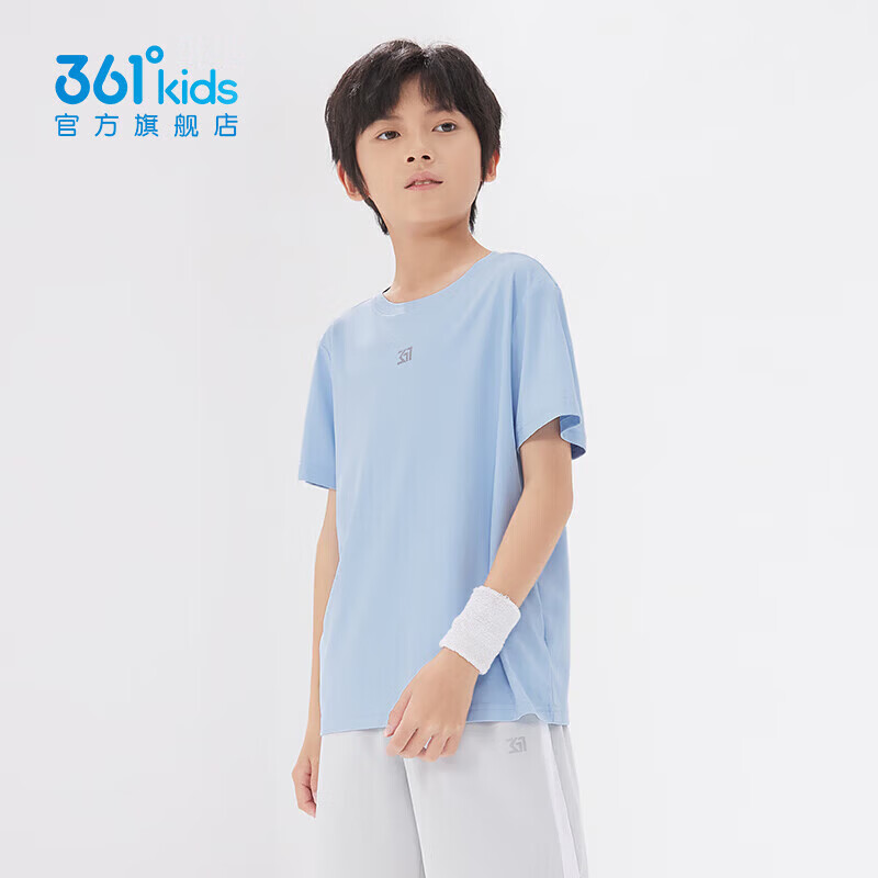 361°童装男女童短袖针织衫年夏季新款速干儿童T恤中大童冰爽上衣 柔蓝1204-男童 160 cm